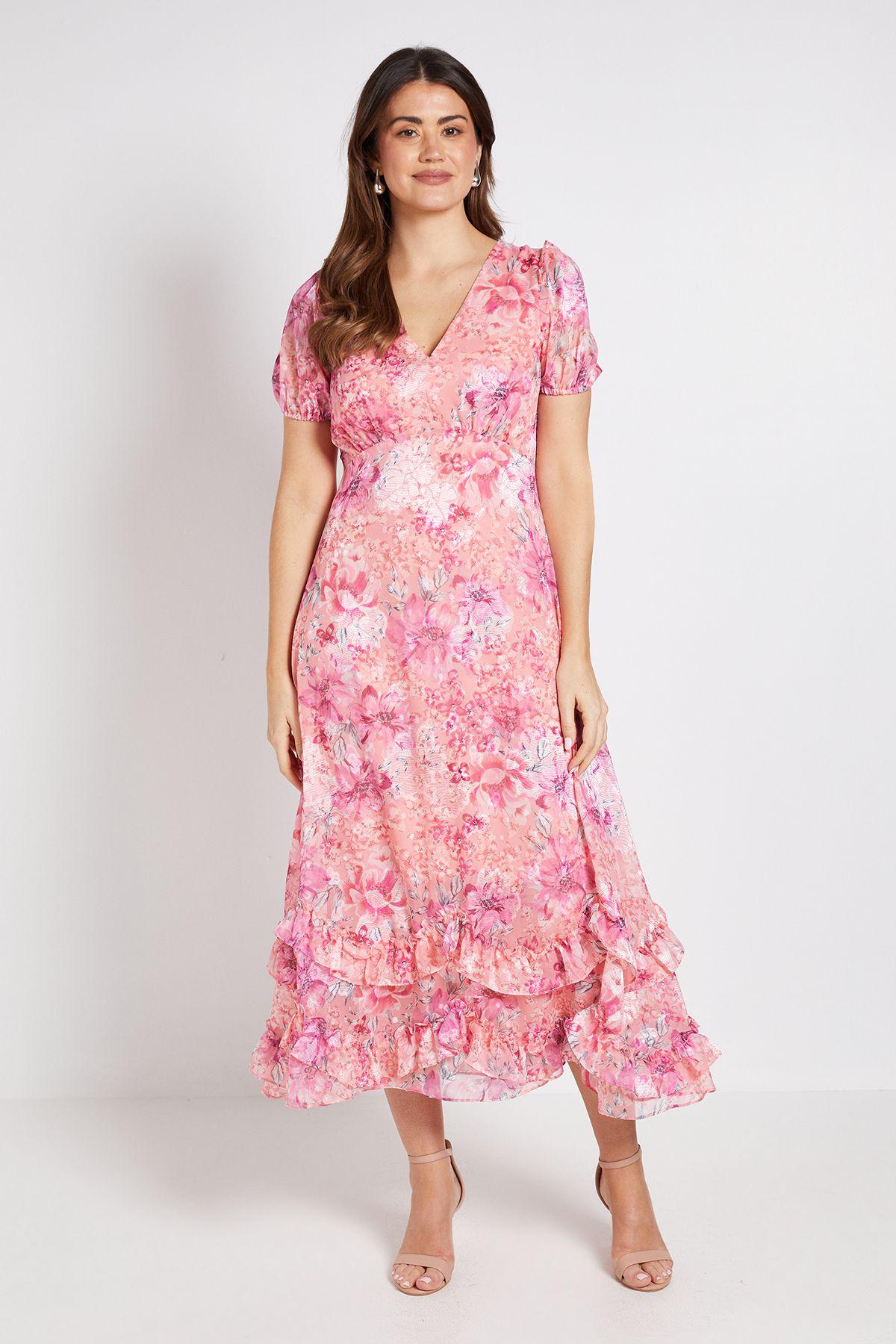 Floral Satin Ruffle Hem Midaxi Dress by WALLIS