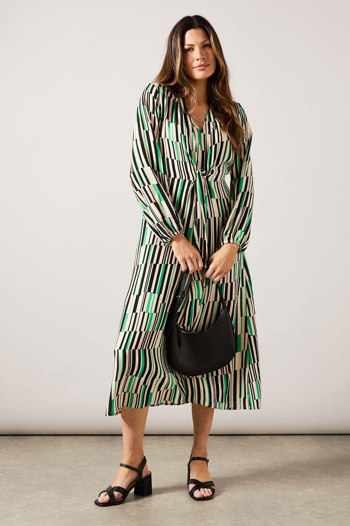 Green Geo Tie Front Midi Dress by WALLIS