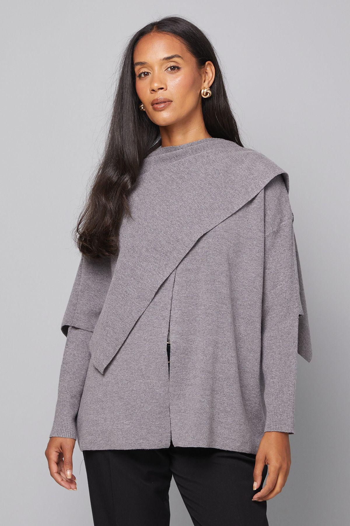 Grey Scarf Detail Knitted Cape by WALLIS