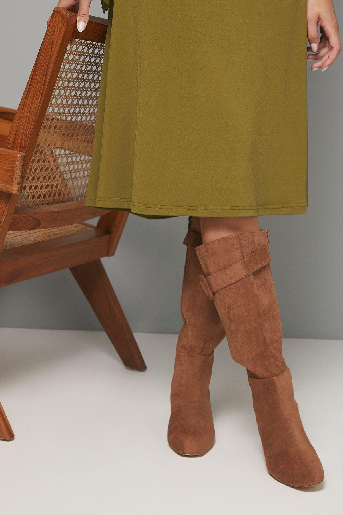 Hawthorn Faux Suede Covered Buckle Detail Square Toe Medium Block Heel Knee Boots by WALLIS