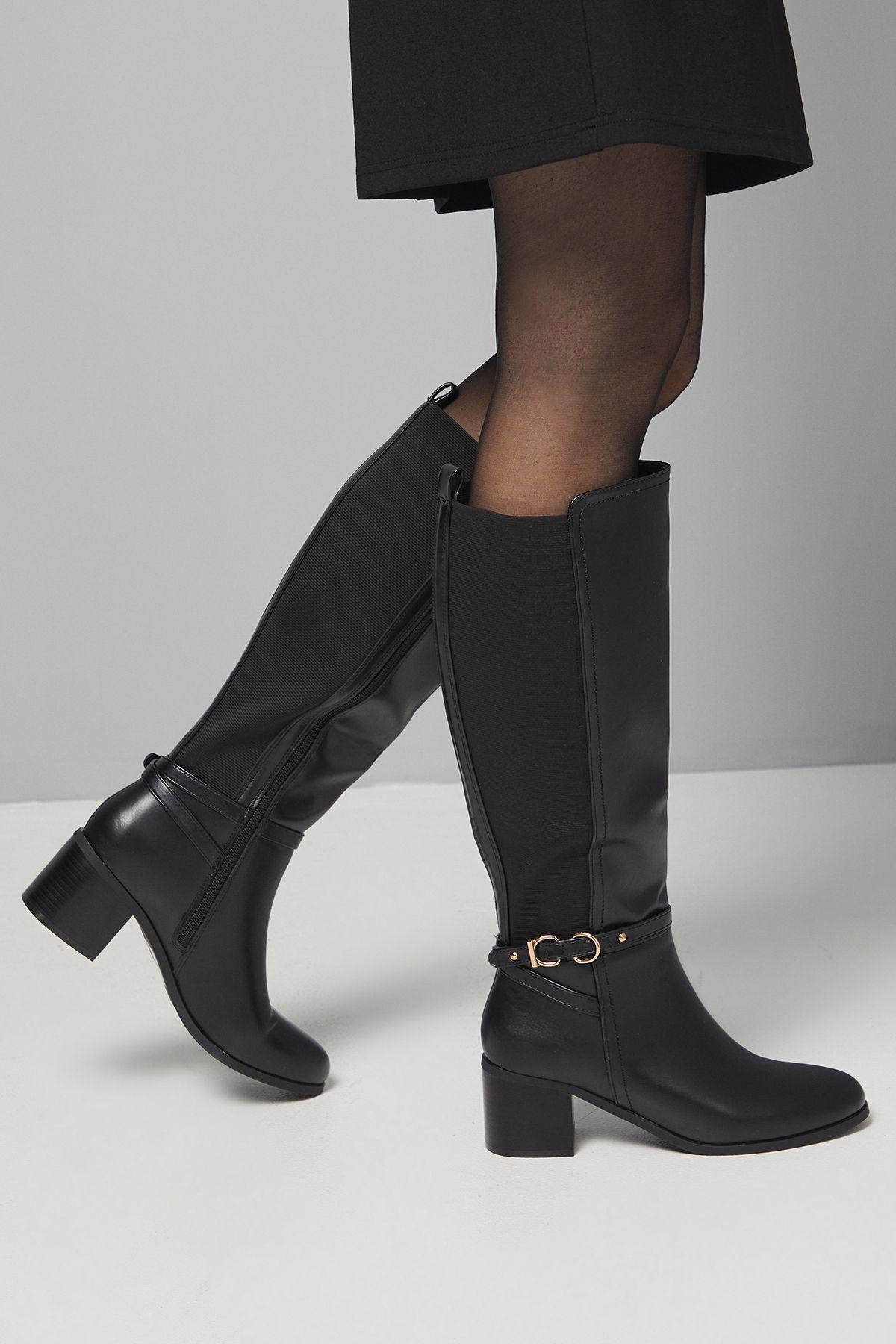 Hills Faux Leather Back Stretch Mid Block Heel Knee Boots by WALLIS