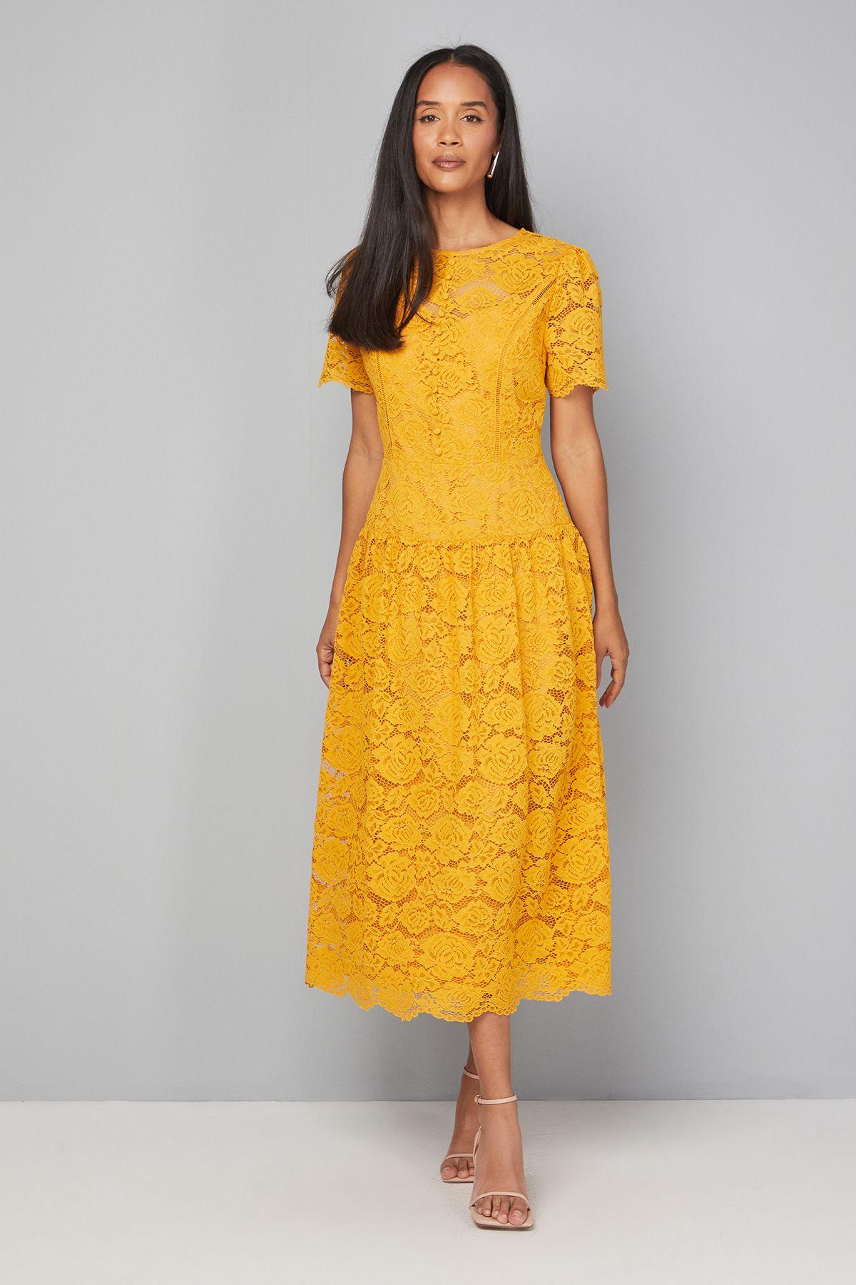 Lace Button Detail Drop Hem Midi Dress by WALLIS