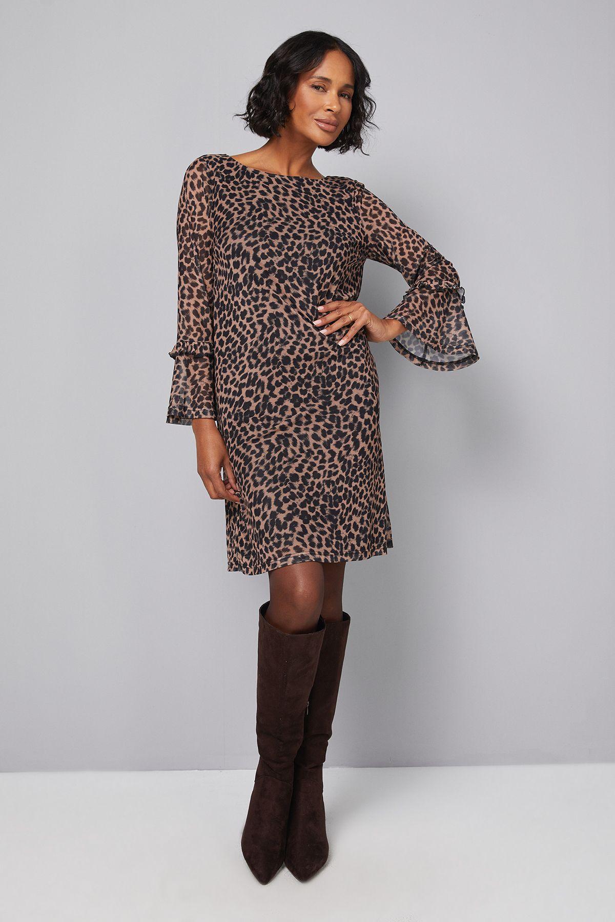 Leopard Mesh Ruffle Sleeve Shift Dress by WALLIS