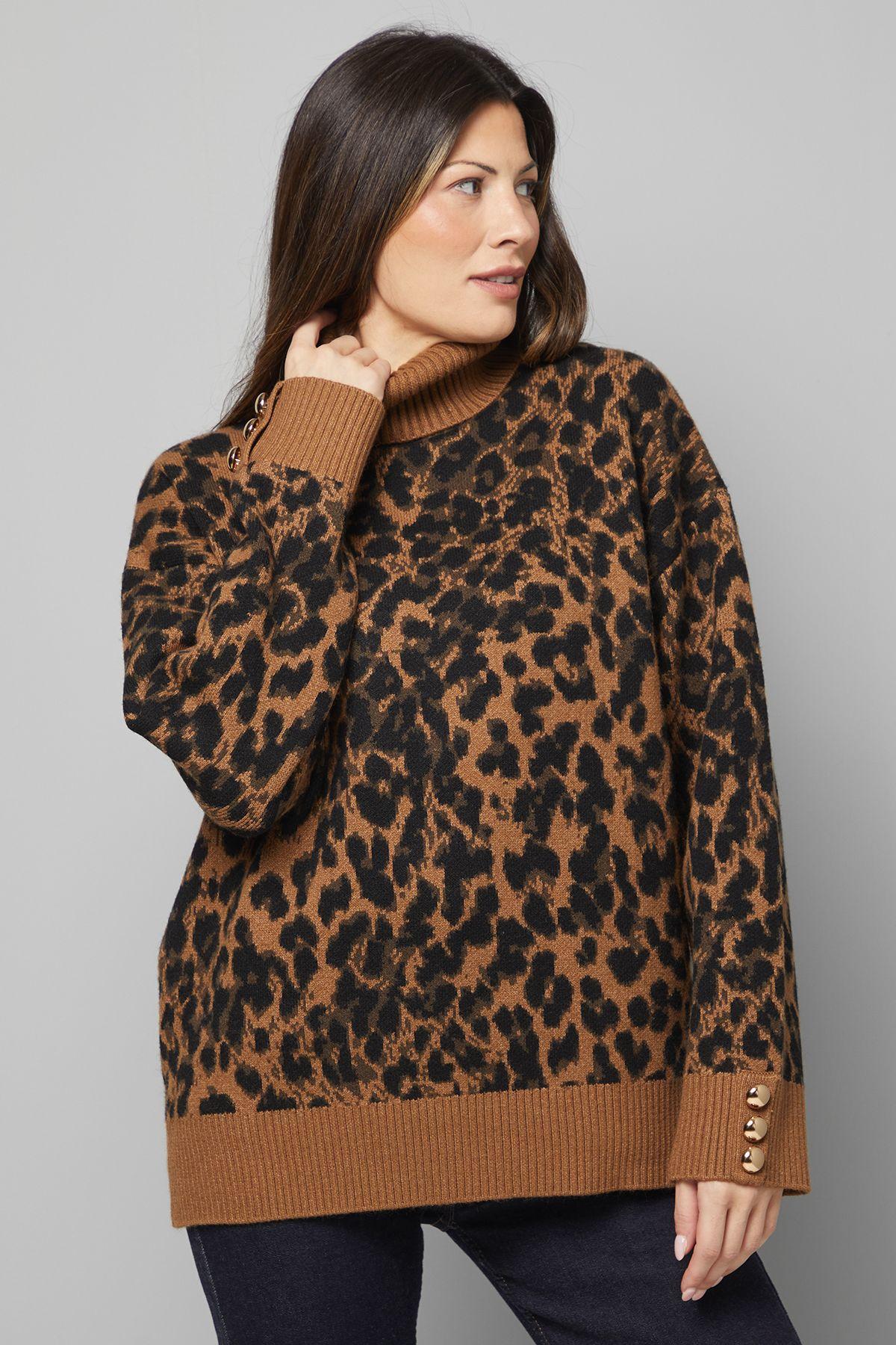 Leopard Roll Neck Button Cuff Jumper by WALLIS