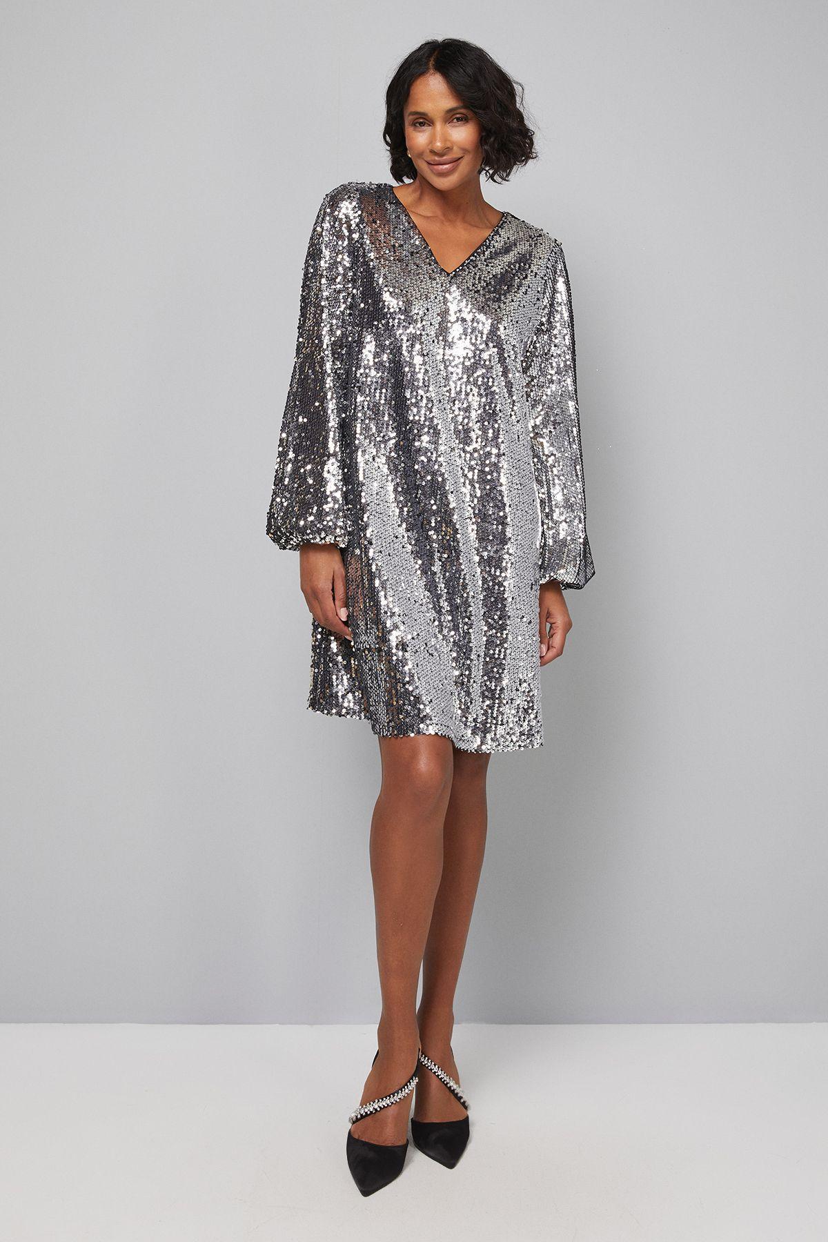 Mixed Sequin V Neck Shift Dress by WALLIS