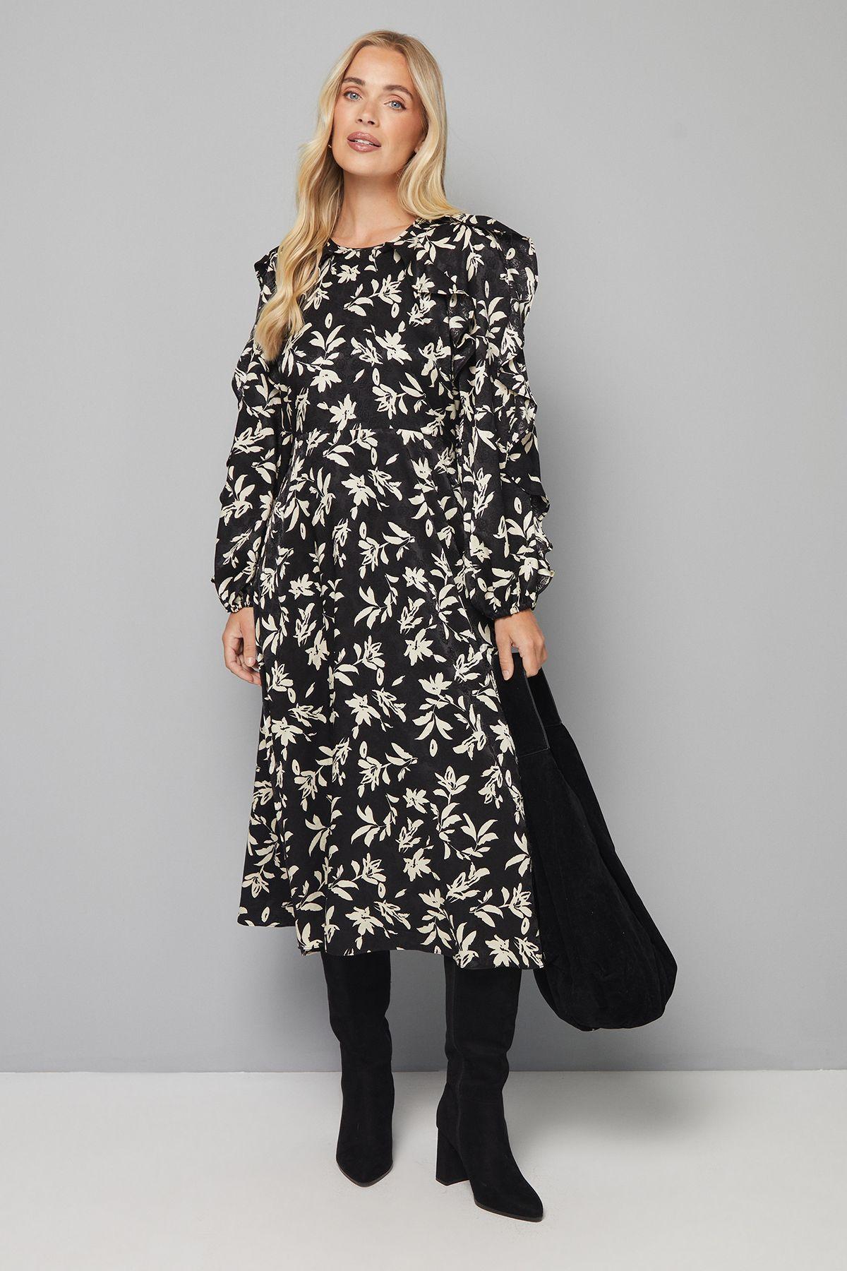 PETITE FLORAL SATIN JACQUARD RUFFLE MIDI DRESS by WALLIS PETITE FLORAL SATIN JACQUARD RUFFLE MIDI DRESS by WALLIS