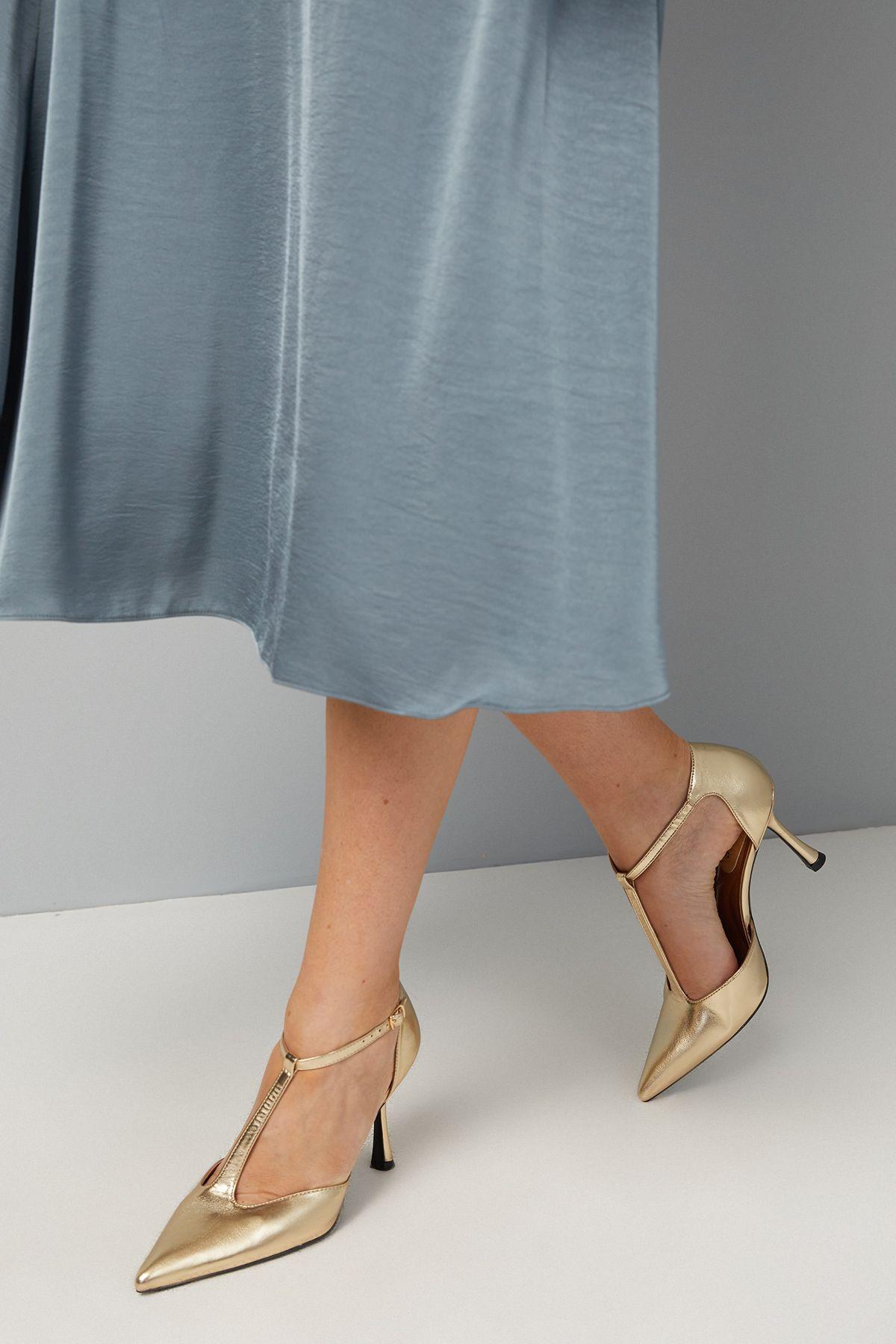 Penelope Faux Metallic Leather T-Bar Pointed High Stiletto Heel Court Shoes by WALLIS