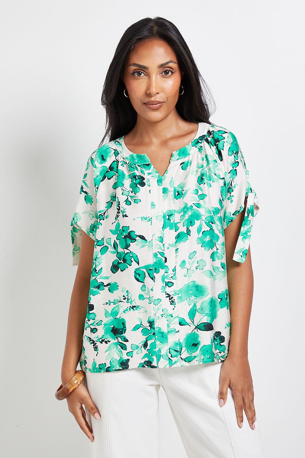 Petite Abstract Tie Sleeve Collarless Top by WALLIS