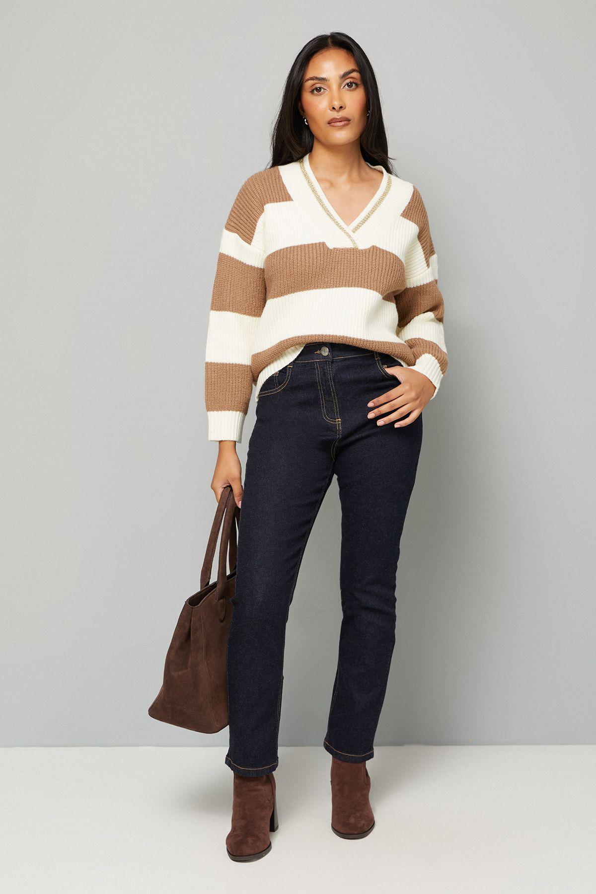 Petite Camel and Ivory Relaxed Stripe Cricket Jumper by WALLIS