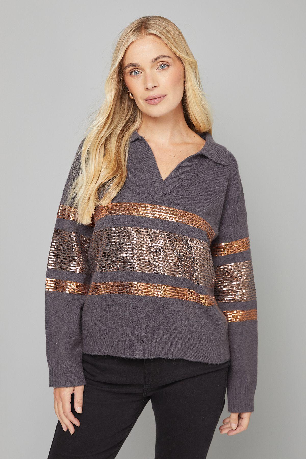 Petite Charcoal Sequin Placement Polo Jumper by WALLIS