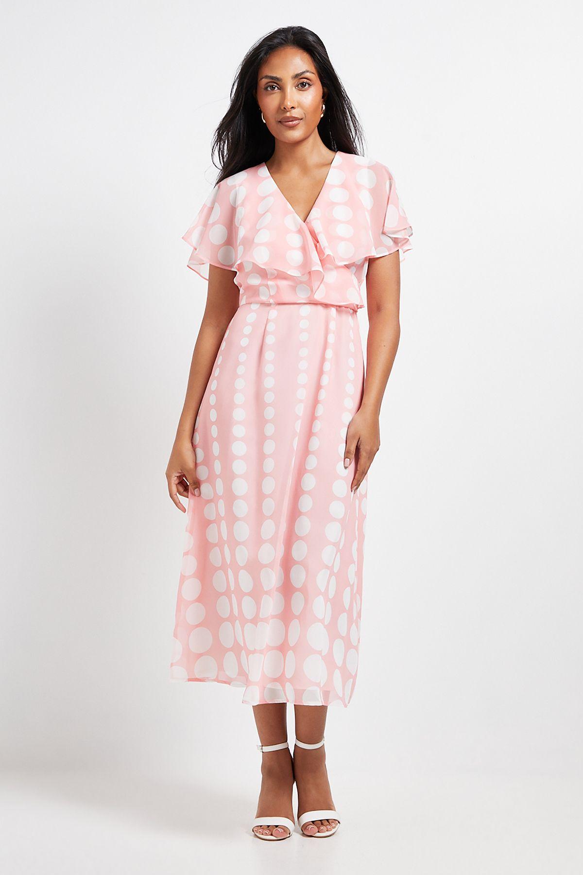 Petite Chiffon Polka Dot Border Cape Sleeve Midi Dress by WALLIS