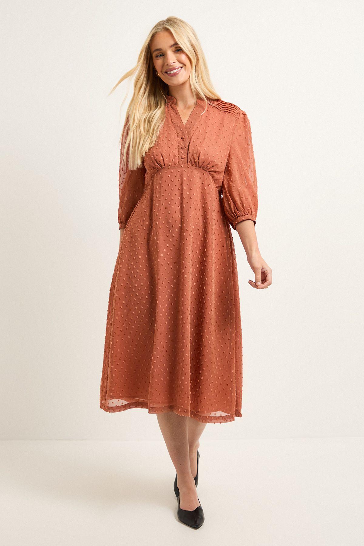 Petite Dobby Pleat Detail Button Midi Dress by WALLIS