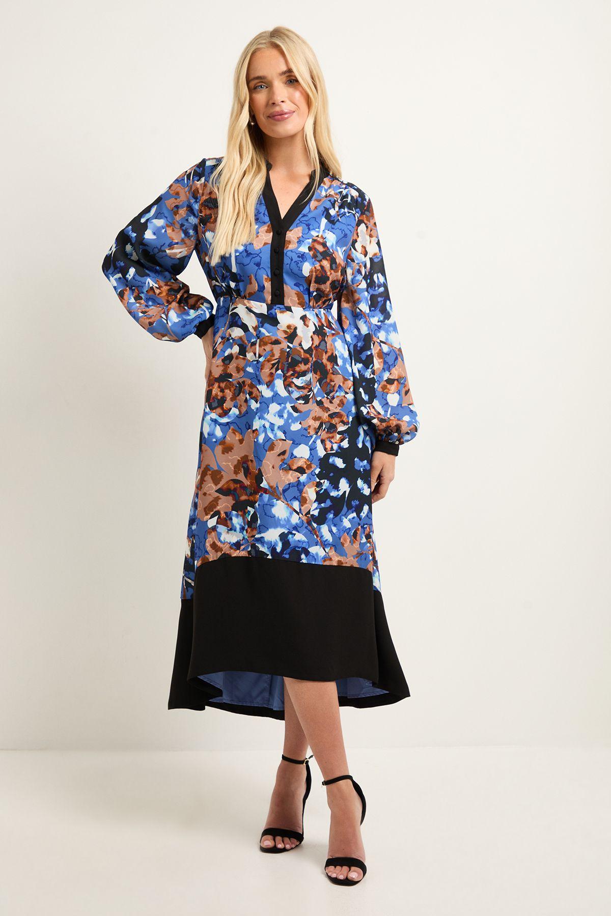 Petite Floral Belted Contrast Midi Dress by WALLIS Petite Floral Belted Contrast Midi Dress by WALLIS