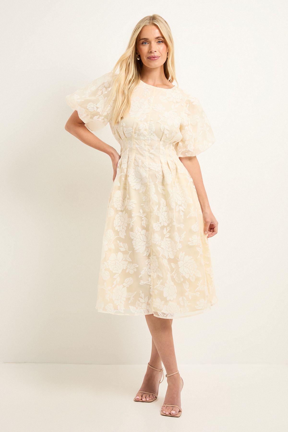 Petite Floral Burn Out Puff Sleeve Midi Dress by WALLIS