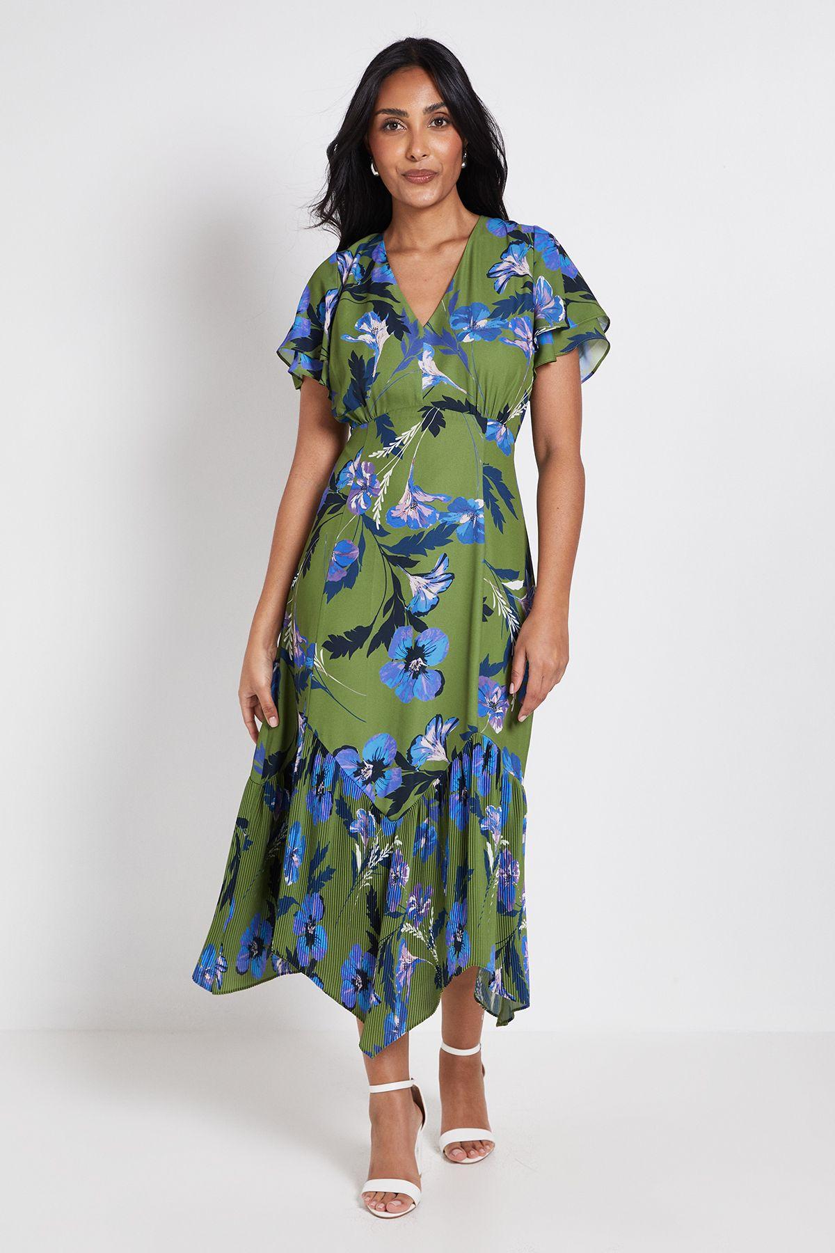 Petite Floral Button Through Pleated Hem Midi Dress by WALLIS