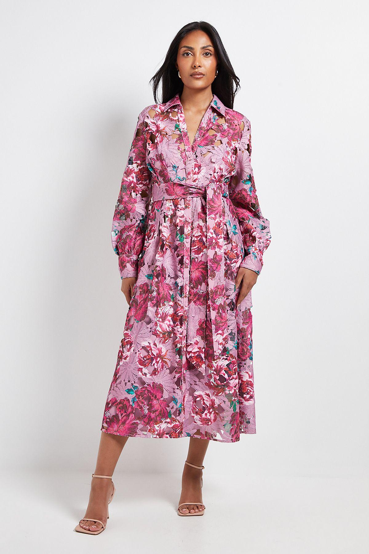 Petite Floral Lace Print Belted Midi Dress by WALLIS