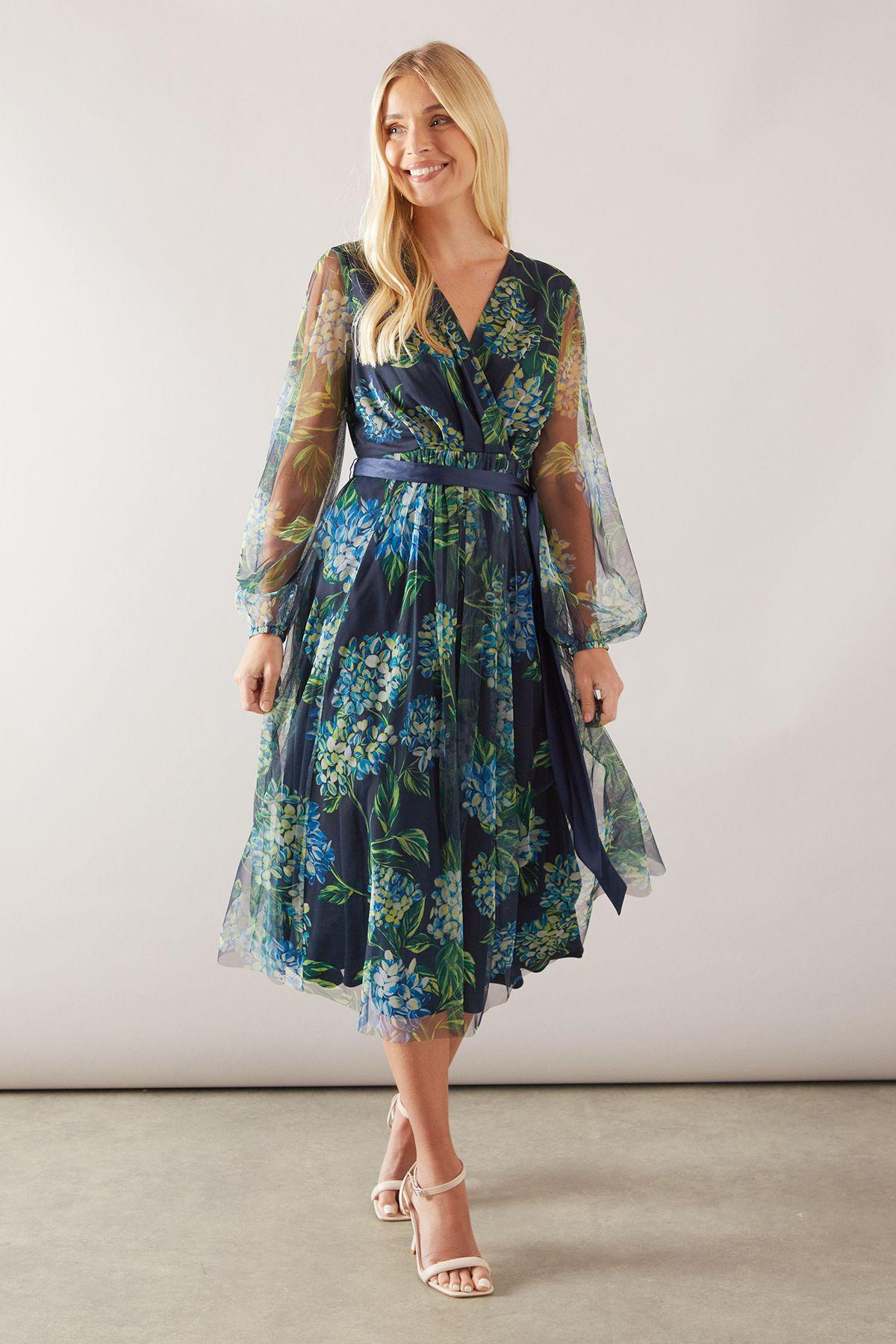 Petite Floral Mesh Satin Tie Midi Dress by WALLIS