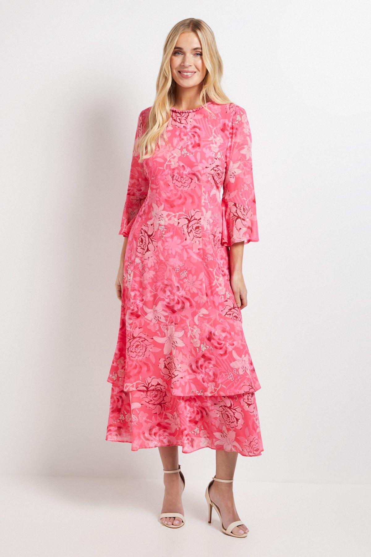 Petite Floral Neck Trim Ruffle Midi Dress by WALLIS