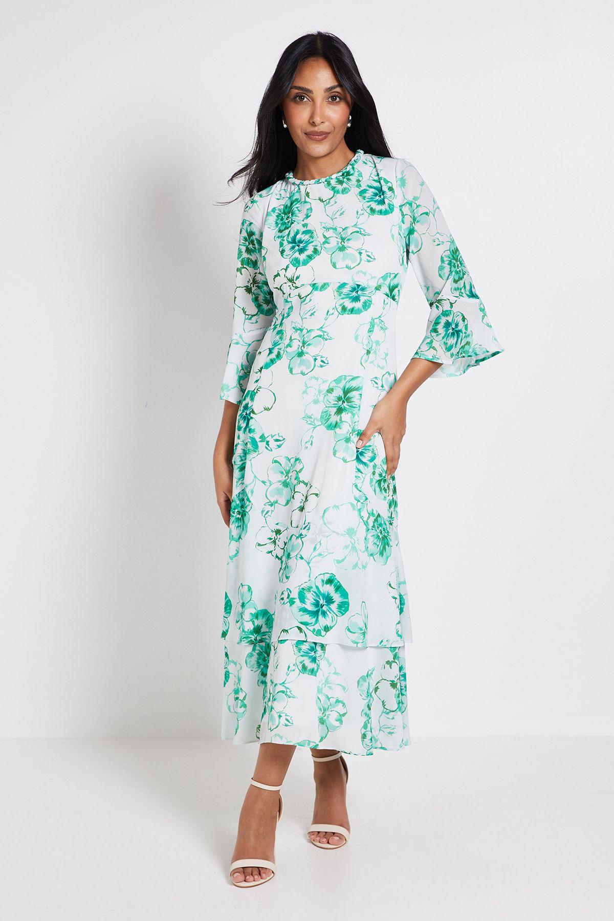 Petite Floral Neck Trim Ruffle Midi Dress by WALLIS