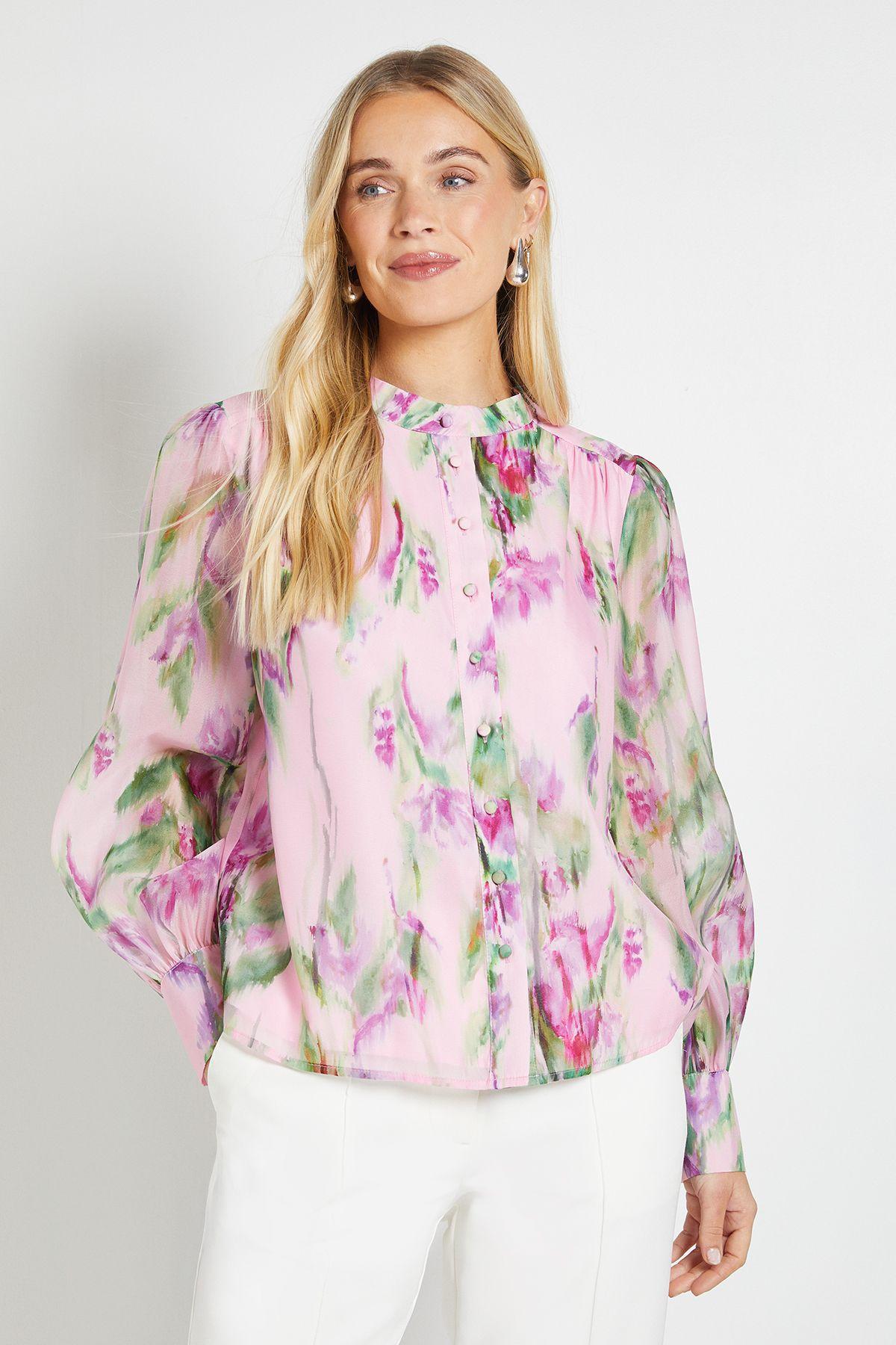 Petite Floral Organza Collarless Shirt by WALLIS
