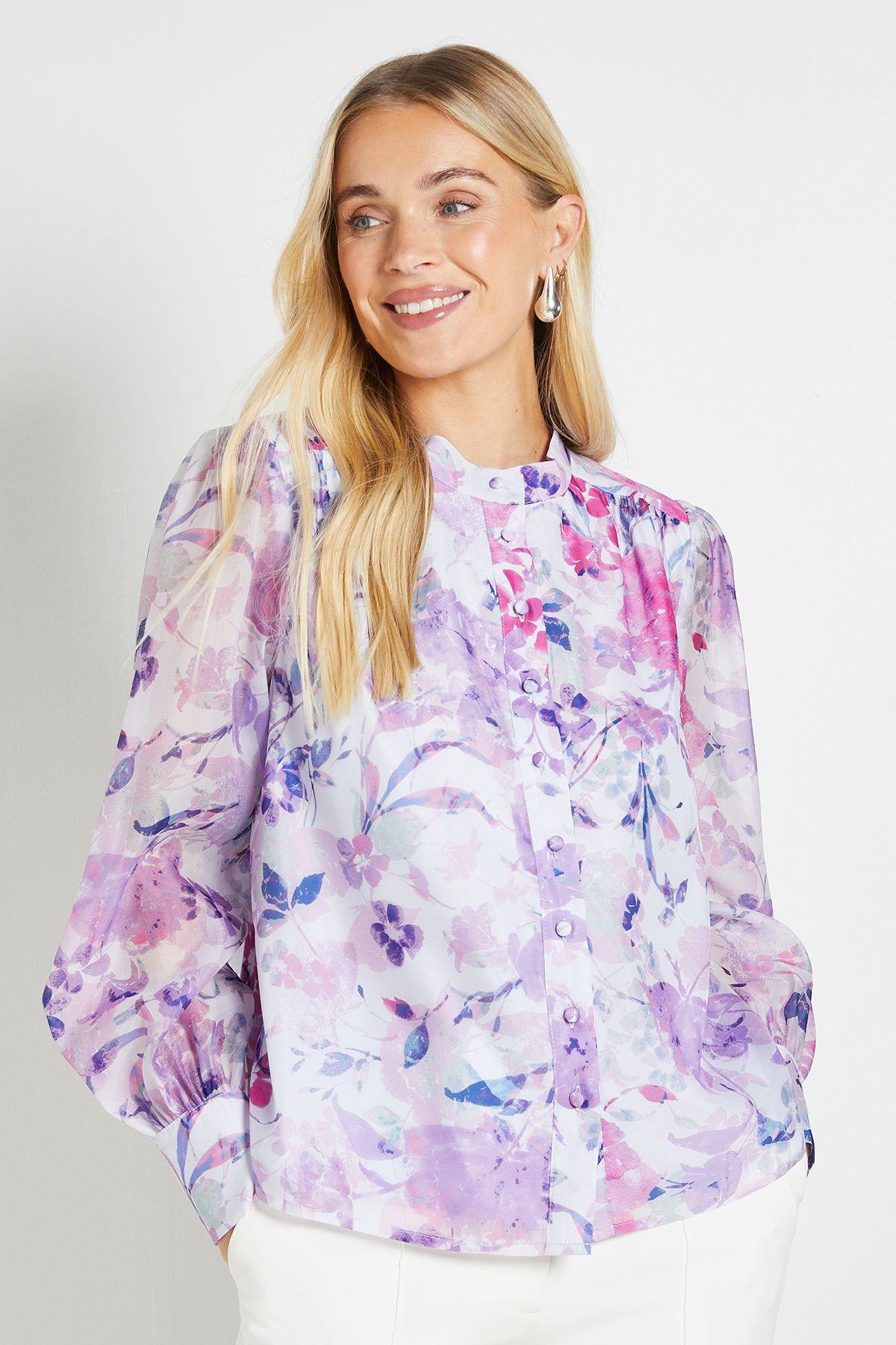 Petite Floral Organza Collarless Shirt by WALLIS