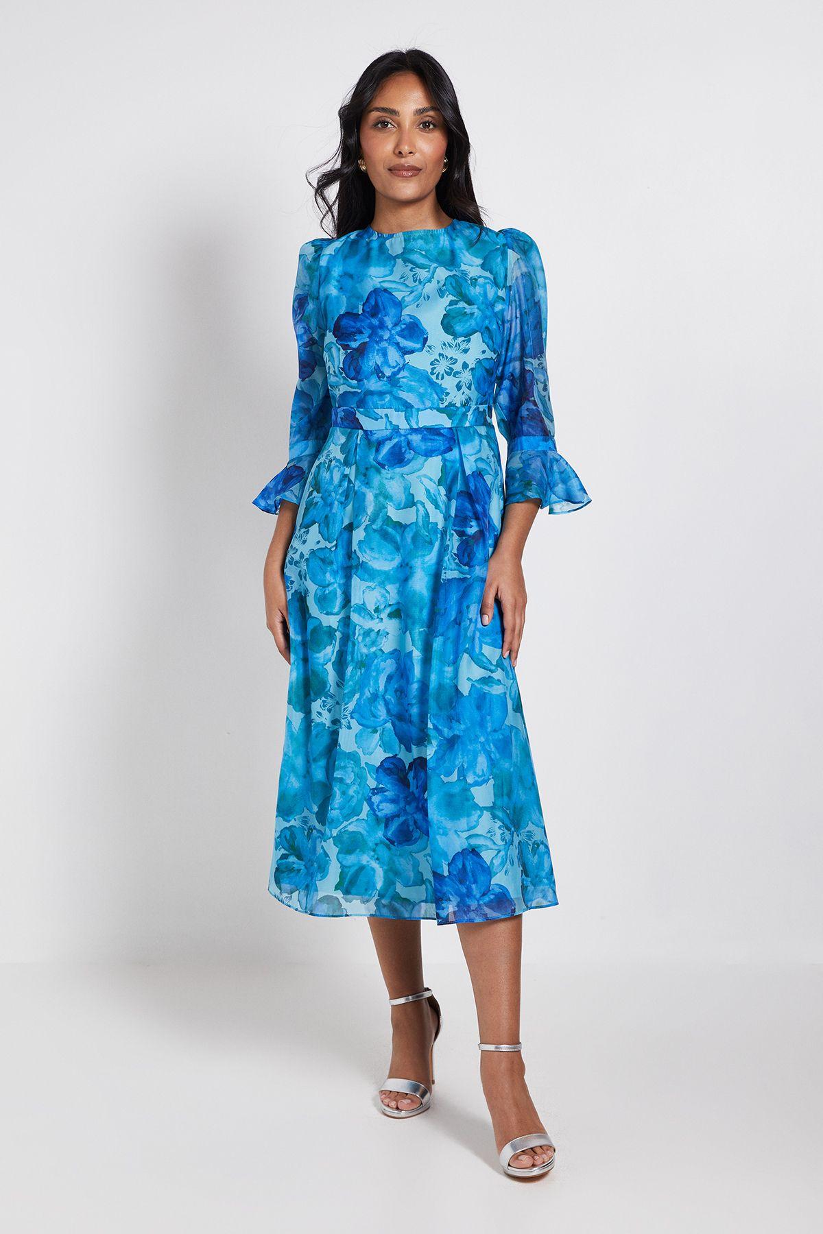 Petite Floral Organza Flute Sleeve Midi Dress by WALLIS