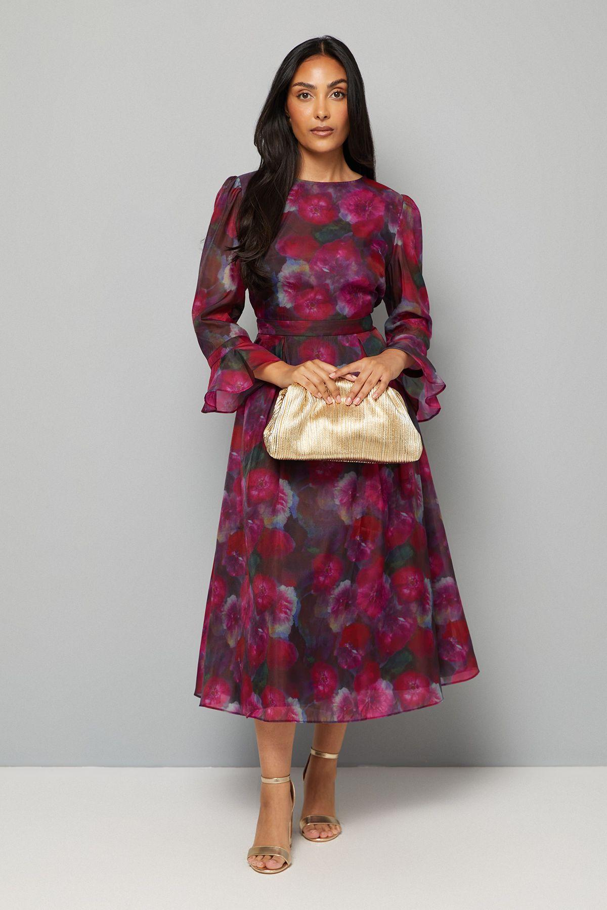 Petite Floral Organza Flute Sleeve Midi Dress by WALLIS