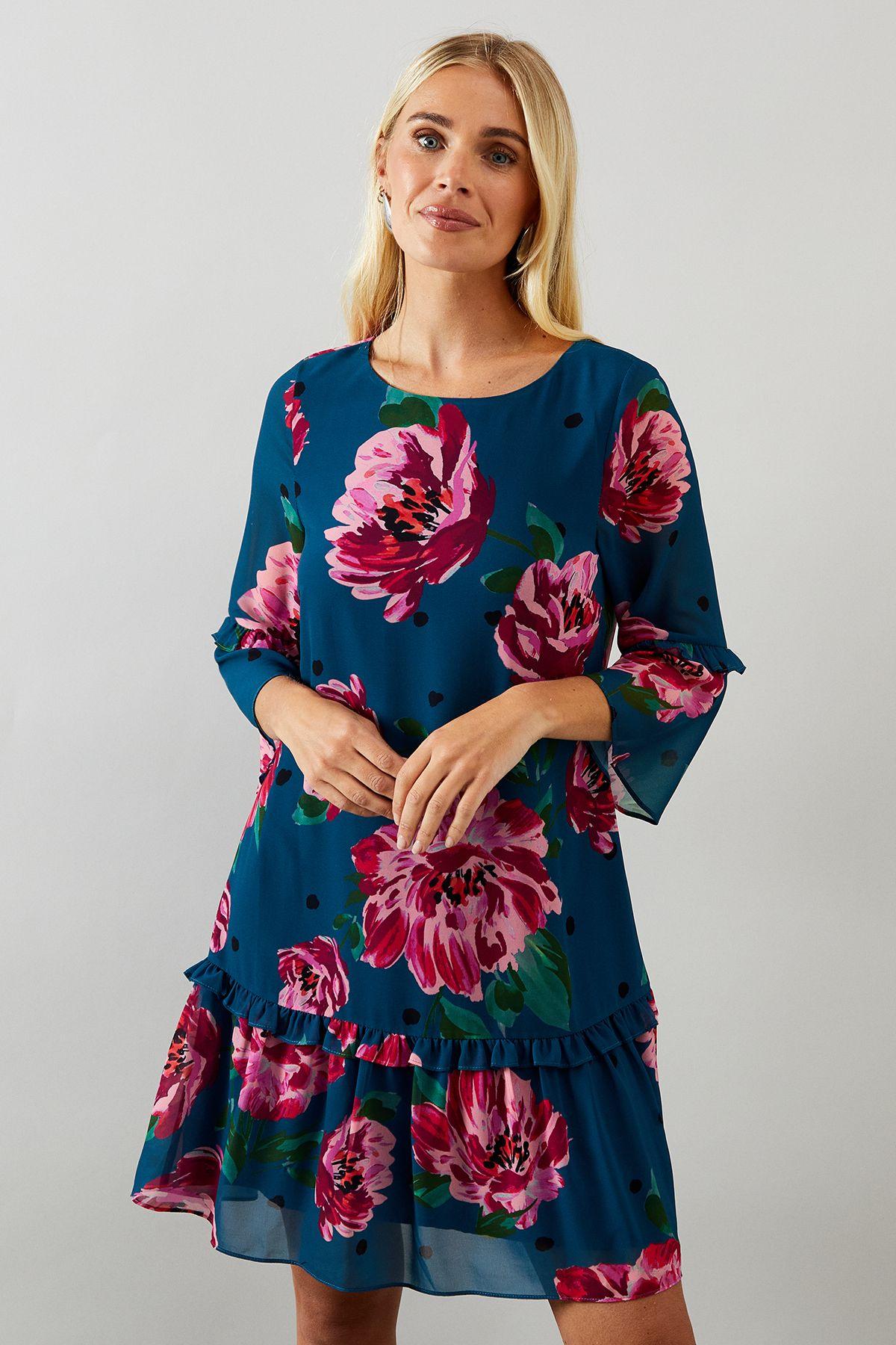 Petite Floral Ruffle Sleeve Drop Hem Shift Dress by WALLIS Petite Floral Ruffle Sleeve Drop Hem Shift Dress by WALLIS