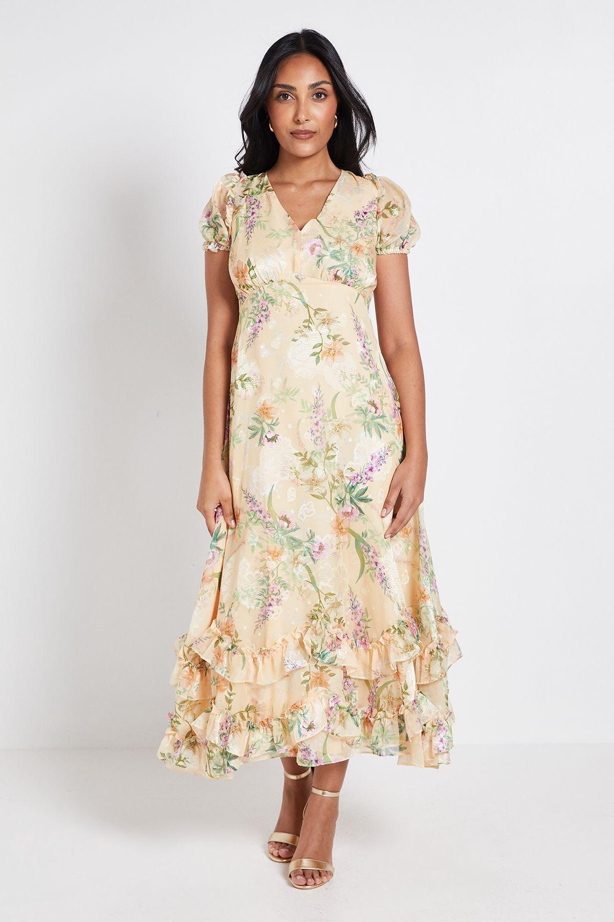 Petite Floral Satin Ruffle Hem Midaxi Dress by WALLIS