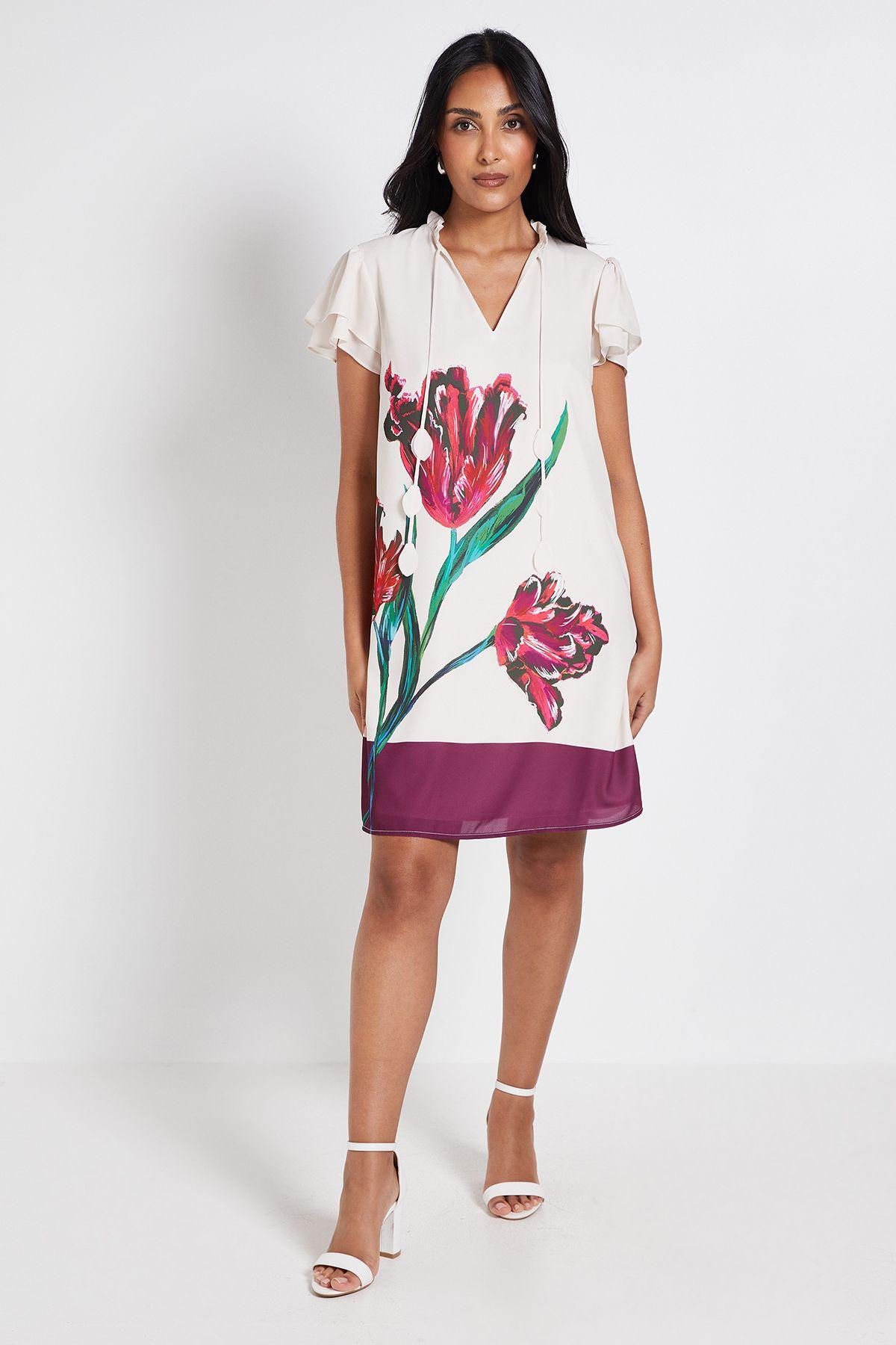 Petite Floral Stripe Ruffle Neck Shift Dress by WALLIS