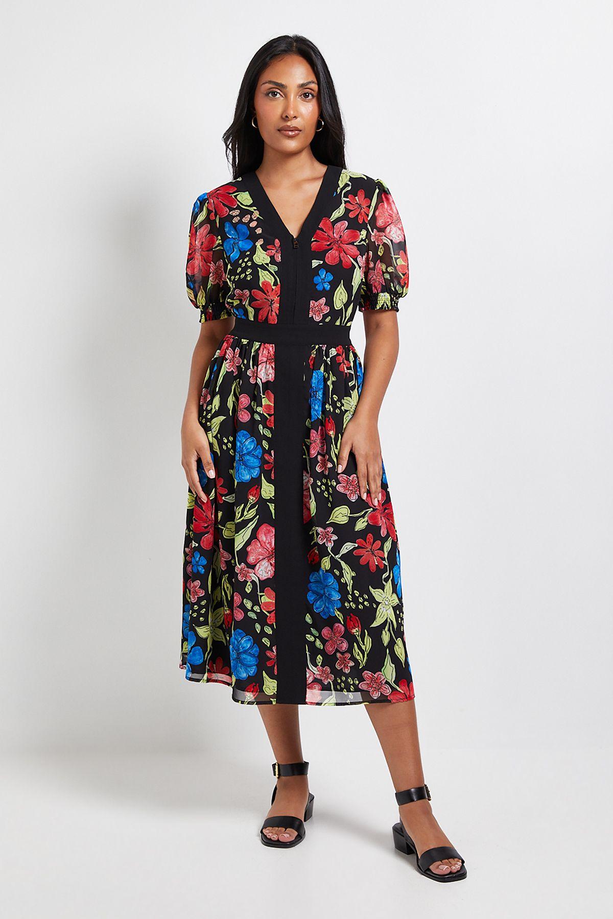 Petite Floral Zip Puff Sleeve Midi Dress by WALLIS