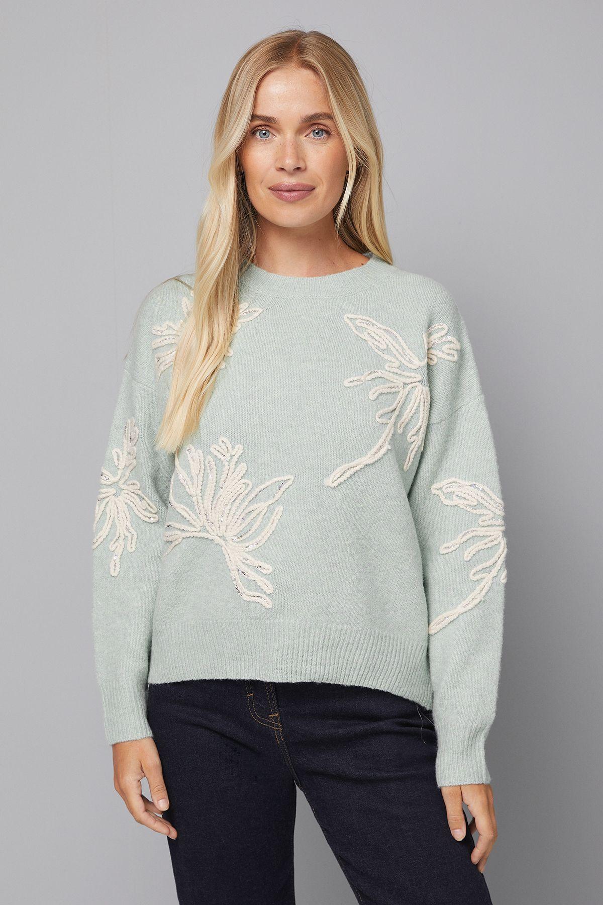 Petite Flower Motif Crew Neck Jumper by WALLIS