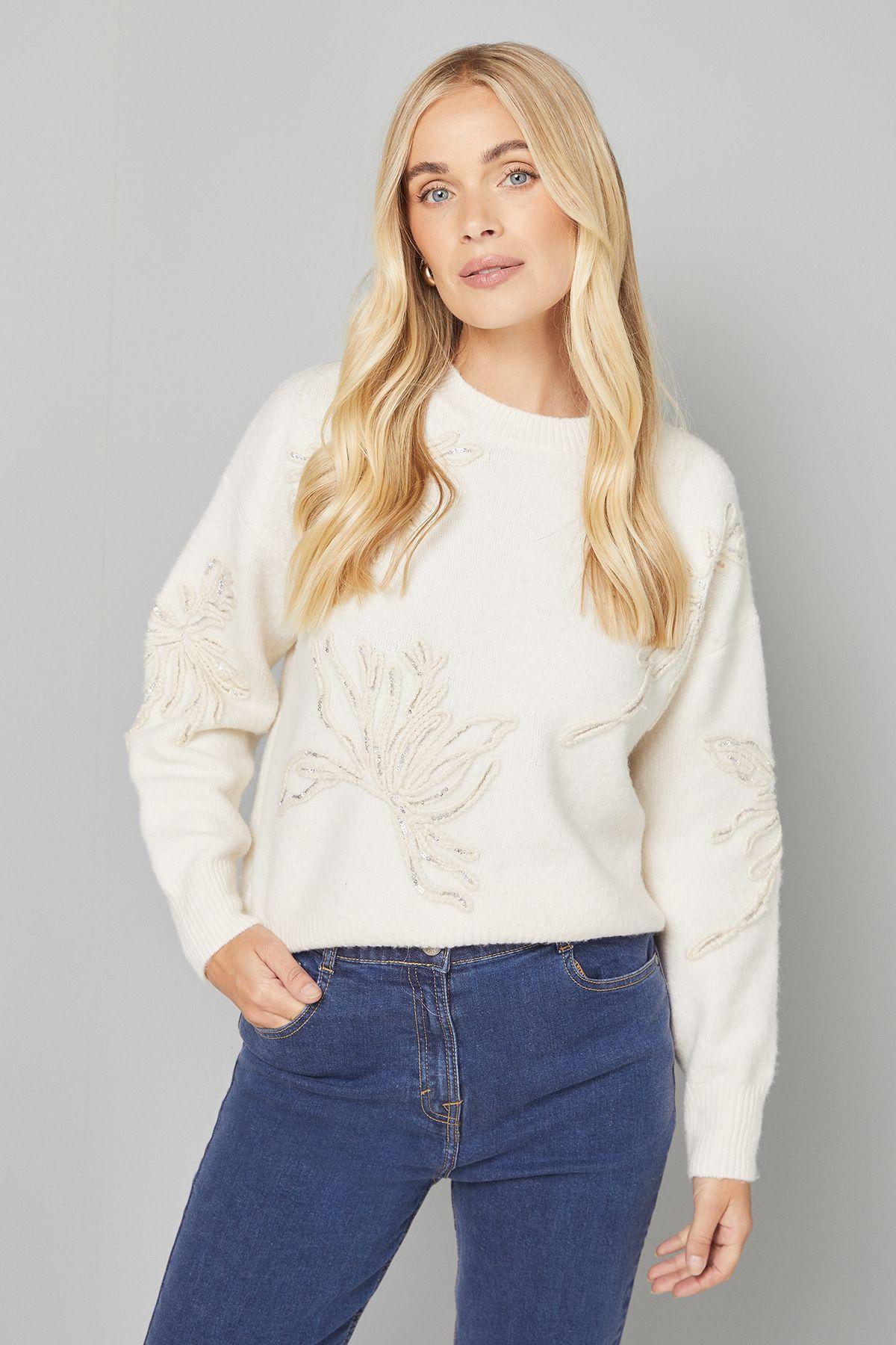 Petite Flower Motif Crew Neck Jumper by WALLIS