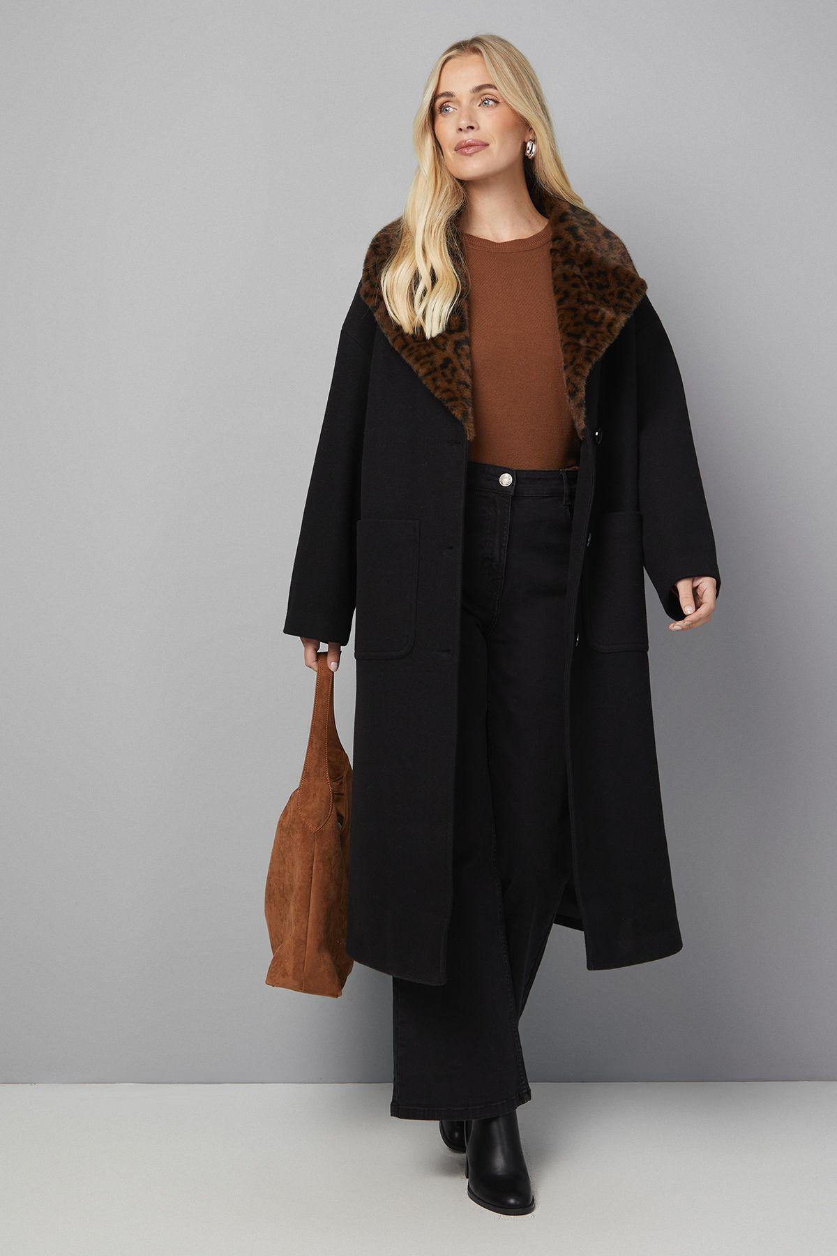 Petite Leopard Faux Fur Collar Coat by WALLIS Petite Leopard Faux Fur Collar Coat by WALLIS