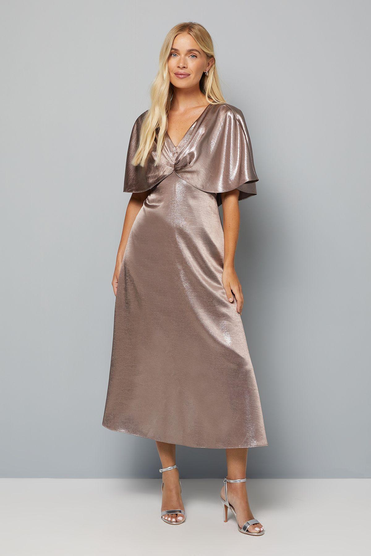 Petite Metallic Cape Sleeve Detail Midi Dress by WALLIS Petite Metallic Cape Sleeve Detail Midi Dress by WALLIS