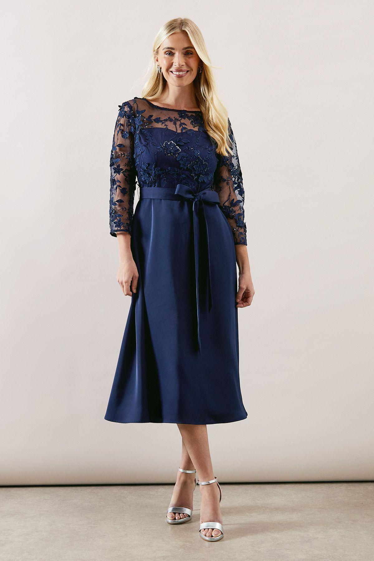 Petite Occasion Satin and Mesh Overlay Fit And Flare Dress by WALLIS