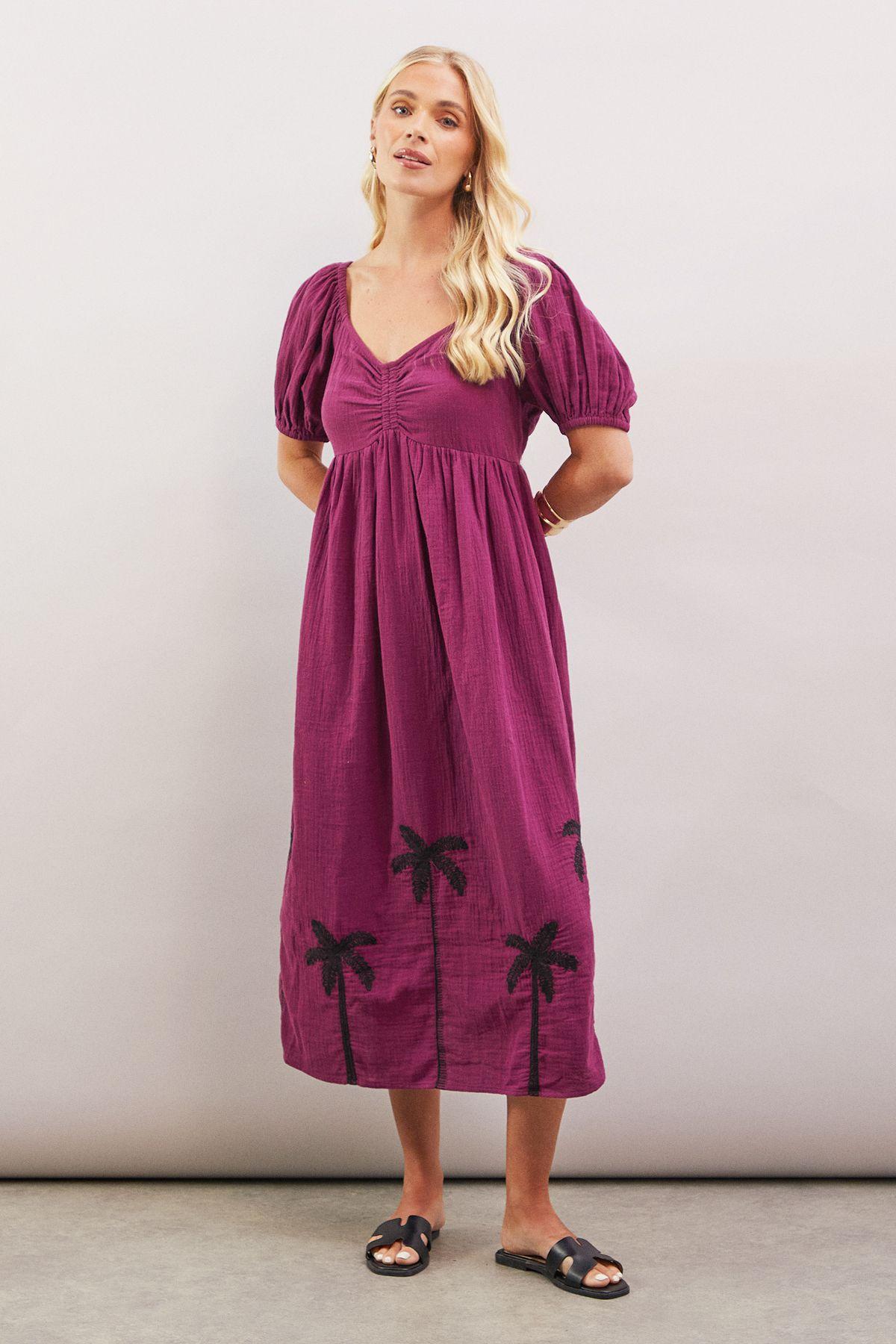 Petite Palm Embroidered Textured Midi Dress by WALLIS