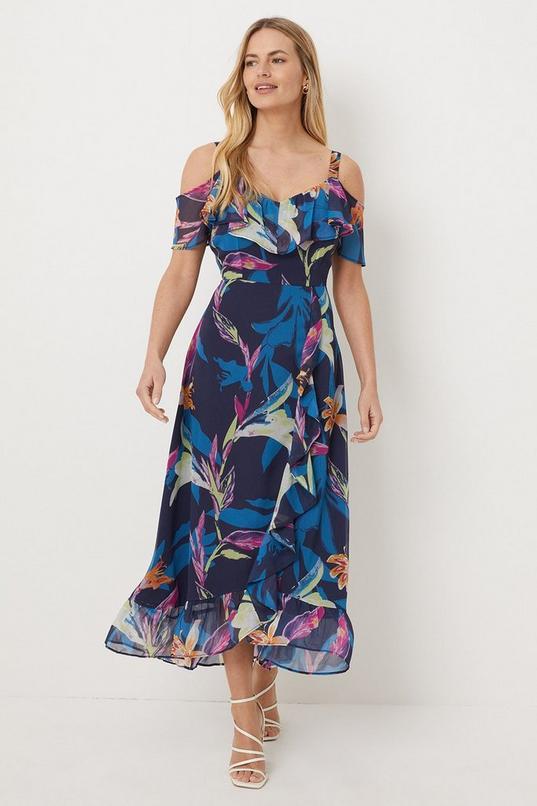 Petite Palm Print Chiffon Cold Shoulder Midi Dress by WALLIS Petite Palm Print Chiffon Cold Shoulder Midi Dress by WALLIS