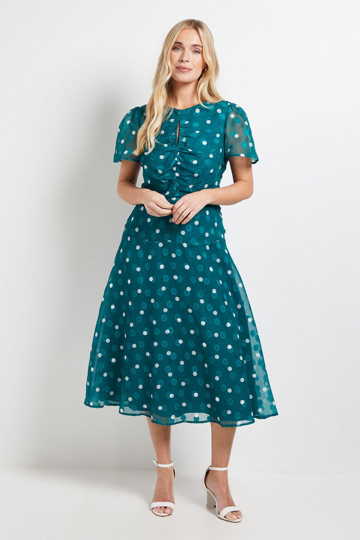 Petite Polka Dot Burn Out Ruched Midi Dress by WALLIS