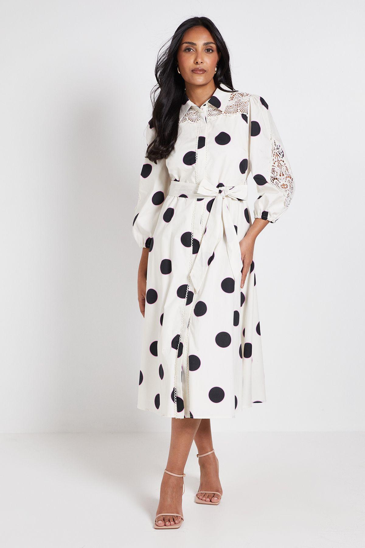 Petite Polka Dot Cotton Cutwork Detail Shirt Dress by WALLIS