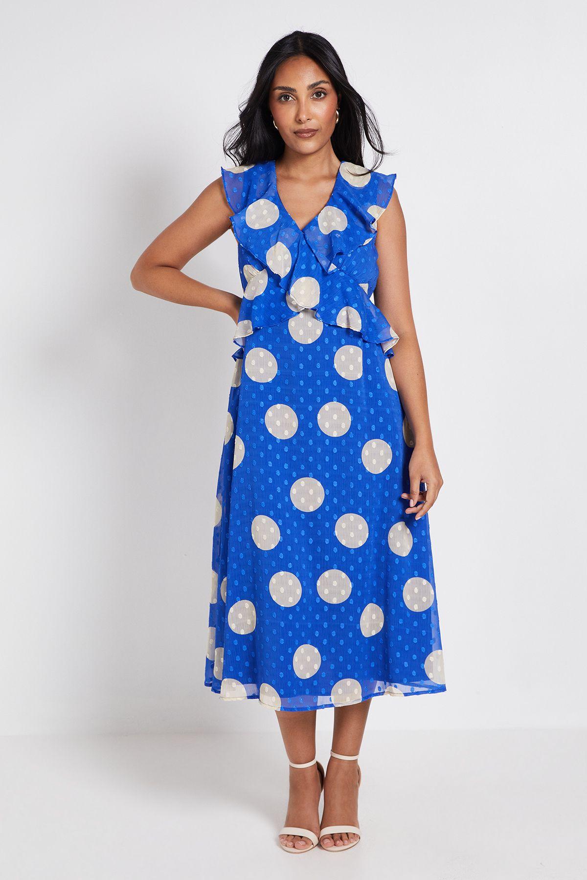 Petite Polka Dot Dobby Ruffle Midi Dress by WALLIS