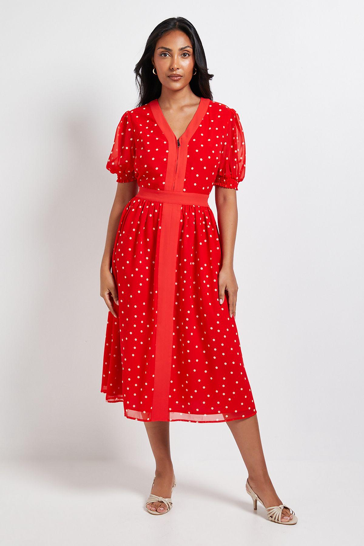 Petite Polka Dot Zip Puff Sleeve Midi Dress by WALLIS