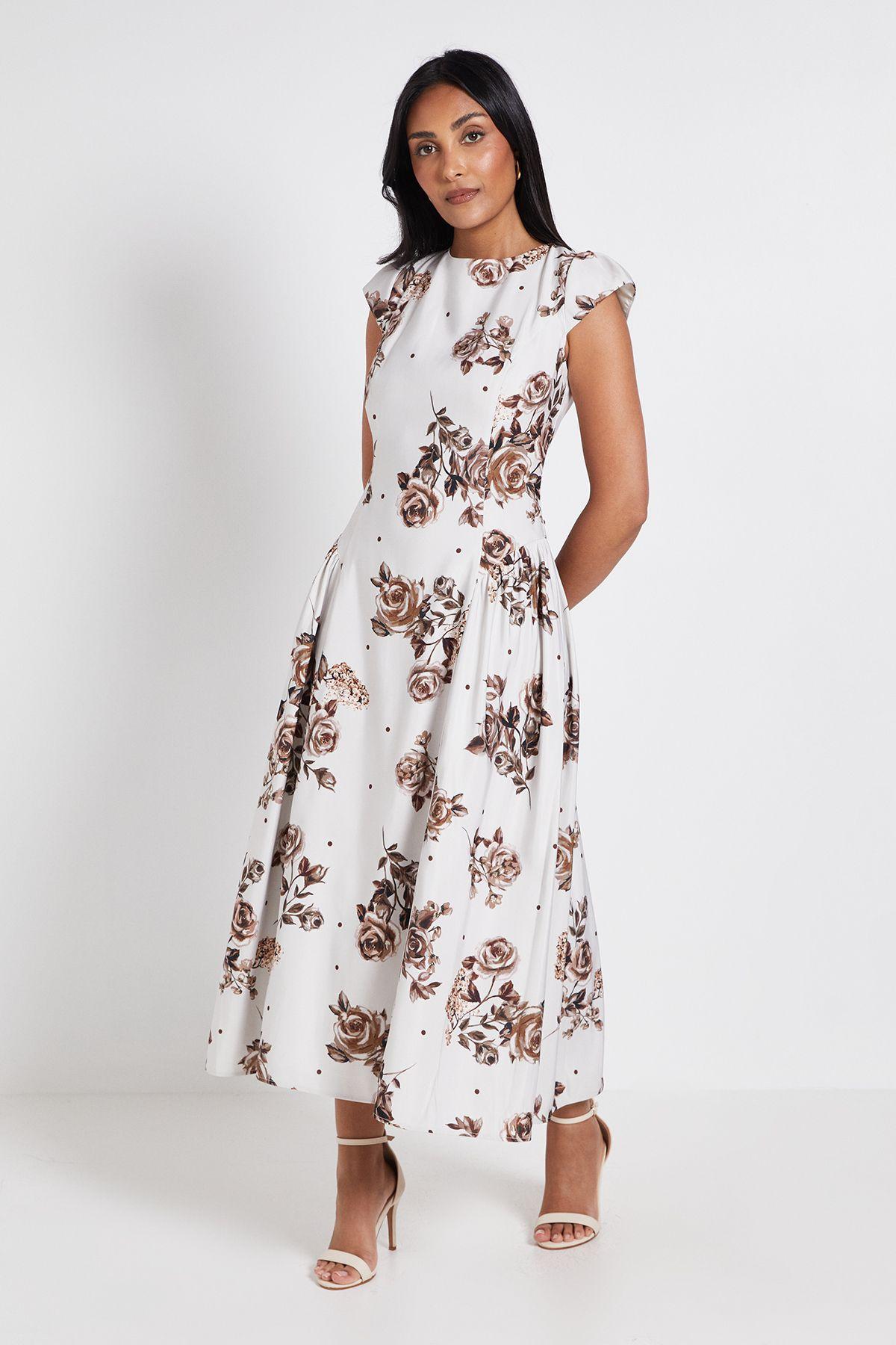Petite Printed Ottoman Twill Cap Sleeve Midi Dress by WALLIS