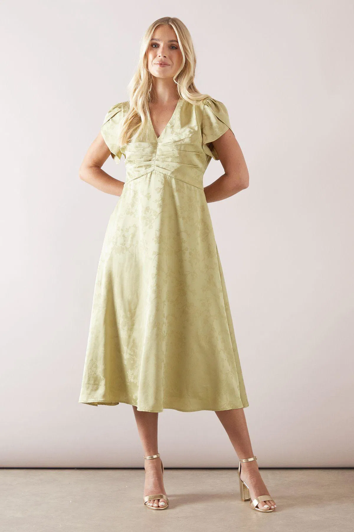 Petite Satin Jacquard Pleat Detail Midi Dress by WALLIS