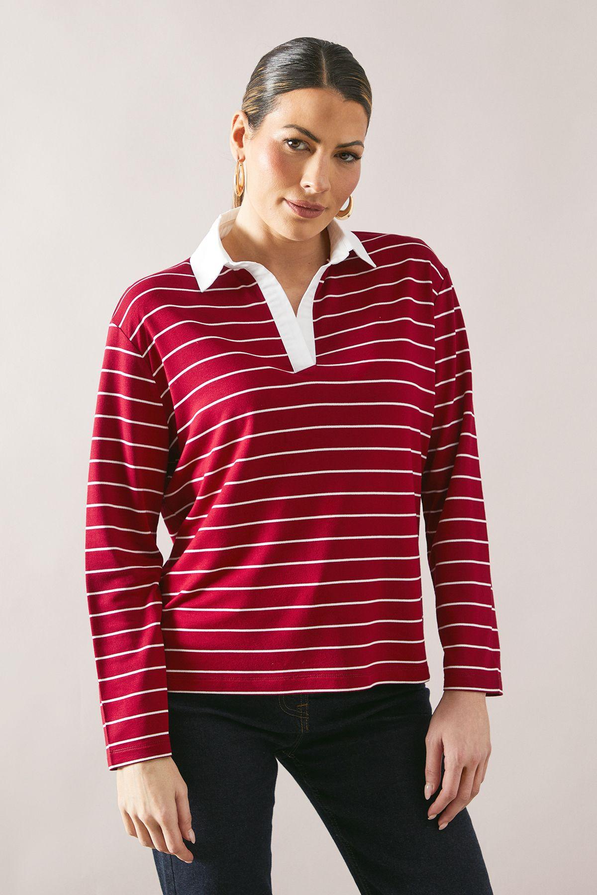 Petite Striped Rugby Top With Woven Collar by WALLIS