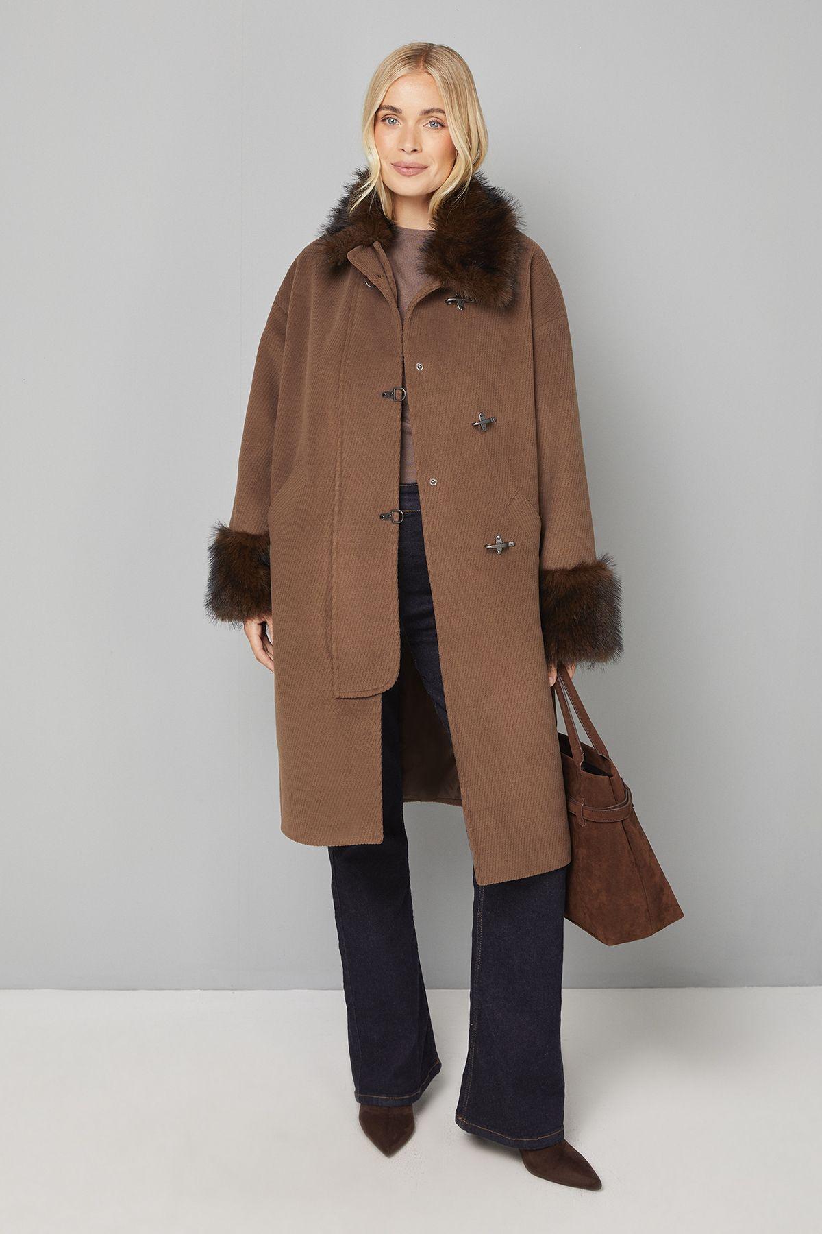 Petite Toggle Detail Faux Fur Collar Coat by WALLIS