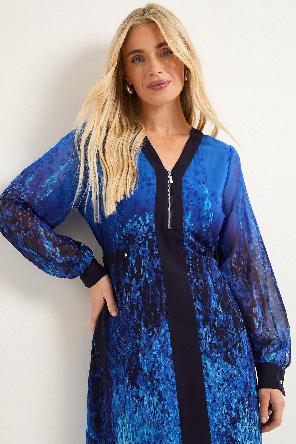 Petite Zip Front Ombre Chiffon Midi Dress Blue by WALLIS