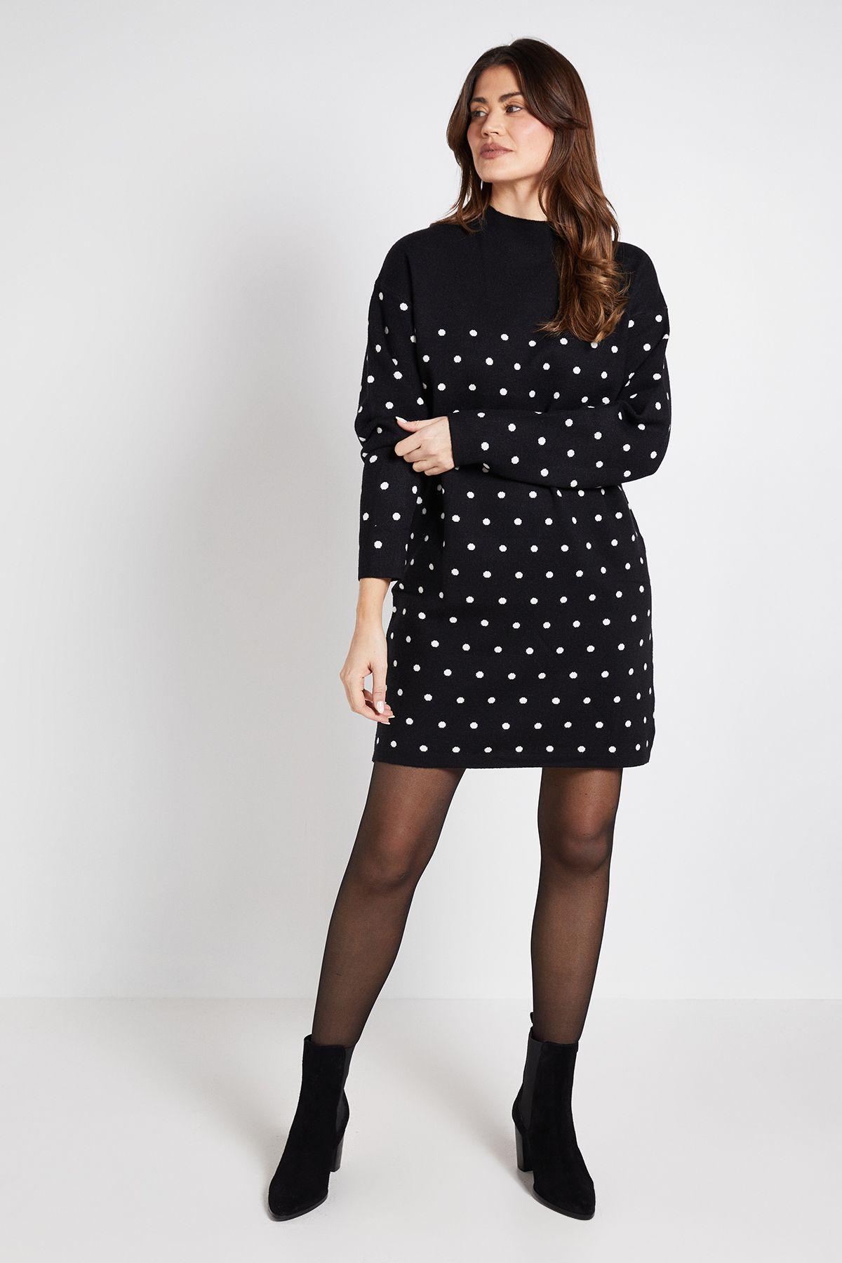 Polka Dot Knitted Funnel Neck Dress by WALLIS