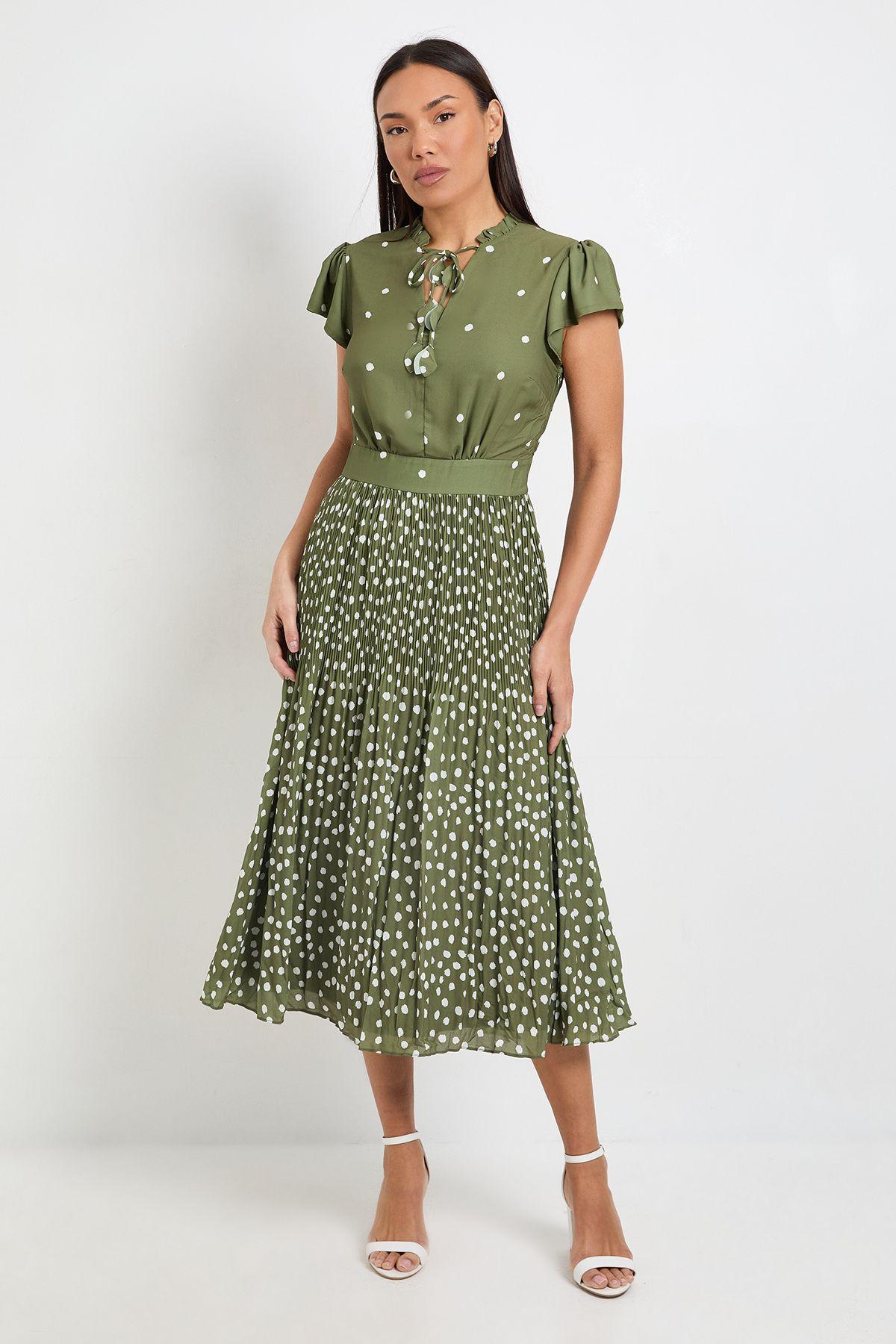 Polka Dot Ruffle Neck Pleated Midi Dress by WALLIS