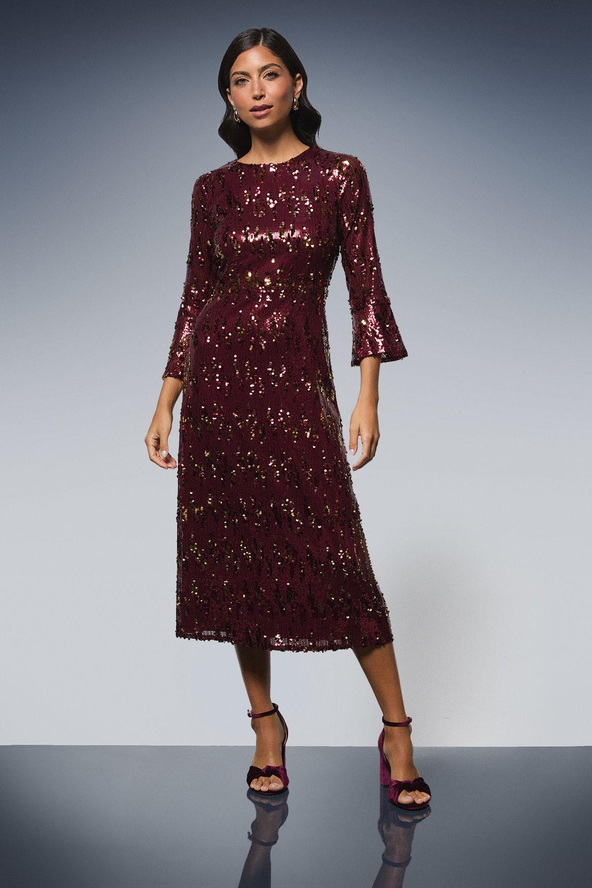 Sequin Flared Sleeve Midi Dress by WALLIS